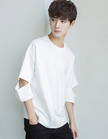 斯顿七分袖男港风男装2018新款韩版潮流学生宽松7分上衣服男生短袖t恤