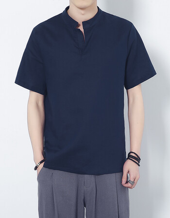 男士亚麻短袖v领中国风男装t恤 藏青色 3xl