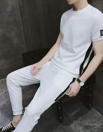 夏季男冰丝9分八分休闲小脚裤子韩版修身潮流百搭九分两件一套装 白衣
