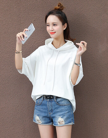 短袖连帽卫衣女薄款2018夏季新款女韩版宽松带帽衫t恤七分袖上衣 白色