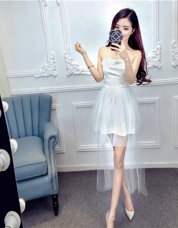 古莱登2017夏季性感夜店抹胸前短后长雪纺燕尾蓬蓬纱裙连衣裙长裙礼服