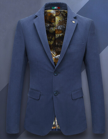 男上衣小西服外套潮韩版修身中青年春秋单西印花单件便西 纯深蓝色 m