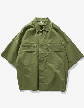 夏季日系复古工装风文字刺绣短袖衬衫男潮流宽松白色中袖衬衣 军绿色