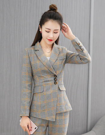 西装套装女2018春季新款韩版小香风气质休闲时尚格子西服两件套 灰色