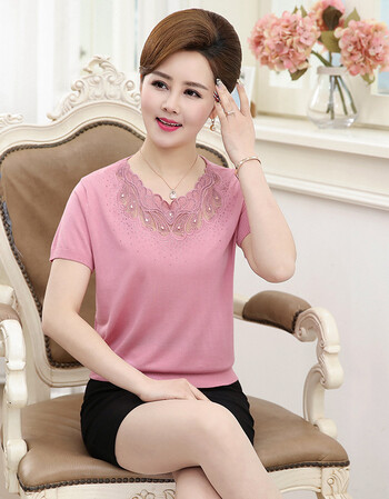 夏季妈妈装短袖针织衫40-50岁中年女夏薄款修身短袖中老年衣服 粉色