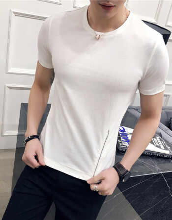 bsm短袖男夏季腰部拉链设计圆领纯色修身t恤衫男青年 白色 2xl