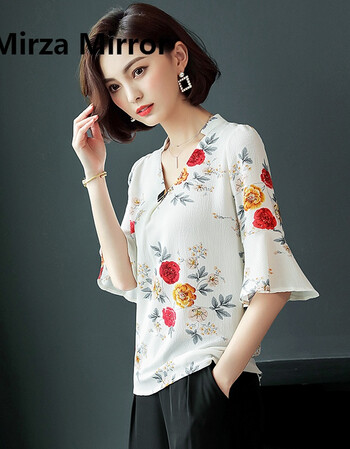 mirza mirror雪纺衫女喇叭袖宽松短袖上衣2018新款夏装洋气花衫时尚大