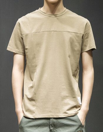 t恤男2018夏季修身上衣服圆领韩版潮学生纯色打底衫体恤男装 卡其色 l