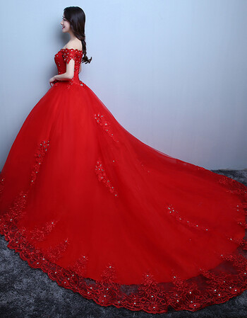 肩婚纱礼服2018新款新娘结婚韩式长拖尾显瘦公主简约齐地 拖尾-红色