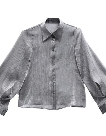 2018春夏新款韩范闪亮亮银色灯笼袖衬衫女宽松百搭长袖打底上衣潮