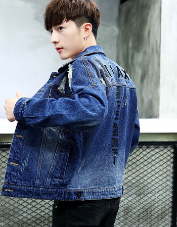 牛仔外套男2018秋季韩版修身春秋新款牛仔衣帅气潮流夹克 蓝色 m