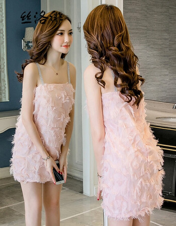 2018夏季新款粉红色性感吊带露肩超短裙仙女裙小心机一字肩连衣裙女装