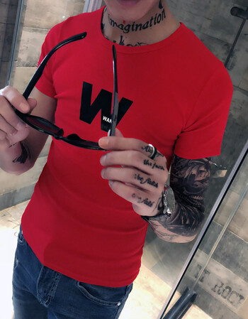 夏季新款潮流韩版修身网红衣服社会人个性帅气精神小伙短袖t恤男 红色