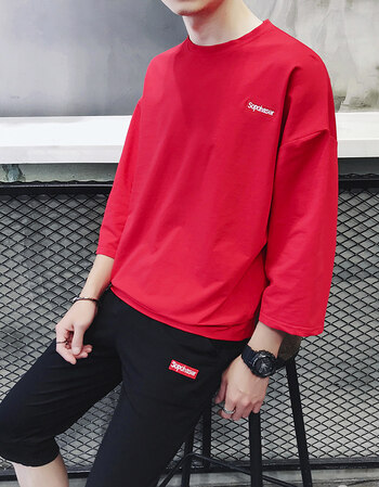 t恤男夏季圆领休闲运动夏装两件套2018韩版短袖学生套头潮流套装 红色