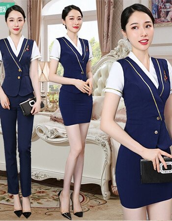 桑拿足疗spa技师工作服夜店ktv公主制服长裤空姐职业女套装夏nyy 藏青