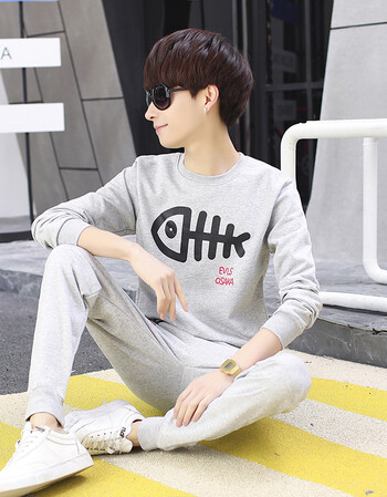 12-18岁长袖t恤男岁穿青少年套装春秋学生休闲运动一套 灰色 8816套装