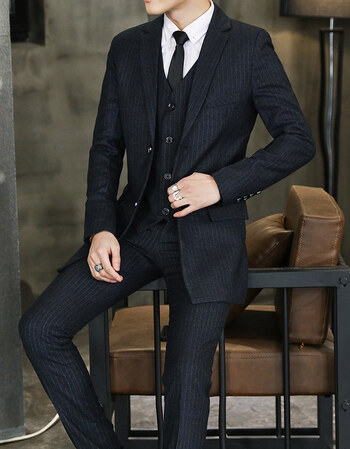 男士西装套装结婚新郎服装薄款三件套社会小伙中长款一套小西服男