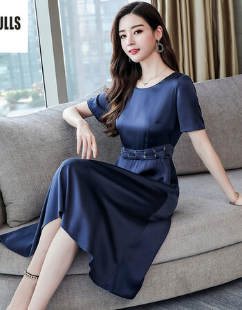 大码显瘦气质修身收腰韩版桑蚕丝绸中长款过膝圆领短袖a字裙女妈妈装
