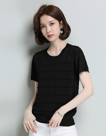 2018新款2018韩版针织衫夏宽松纯色镂空圆领短袖女新品冰丝t恤 黑色 l