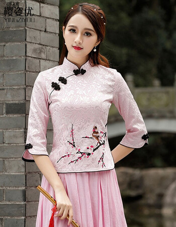 樱姿优重工绣花中国风梅花礼服长裙旗袍套装女2018新款春夏提花刺绣