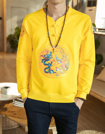 黄马褂男士中国风秋季清朝皇帝龙袍刺绣长袖t恤古风圆领宽松 黄色 xl