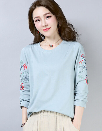 早秋中年妈妈秋装全棉初秋上衣服 天蓝色(绣花) m