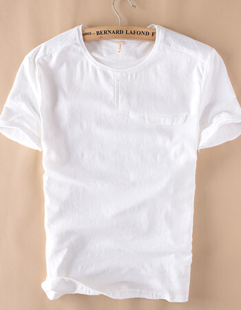 日系简约圆领短袖亚麻t恤男士休闲青年拼接打底宽松半袖棉麻汗衫 白色