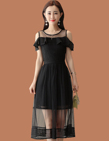 蕾丝连衣裙女2018夏装新款显瘦露肩网纱裙中长款韩版气质修身裙子j