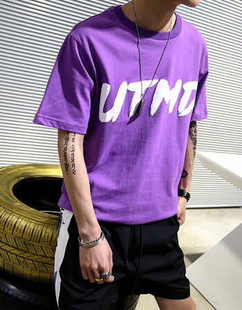 百里先生夏季字母印花t恤hiphop宽松潮流青年纯棉半袖衣服男短袖 紫色