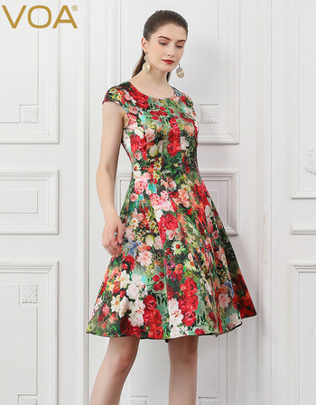 voa衣服女新款花色微弹基本款舒适休闲欧美版型显瘦真丝连衣裙女a3326