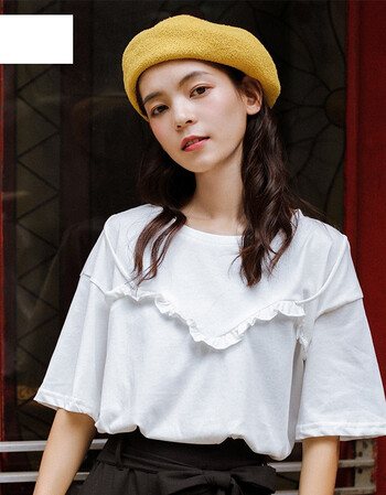 短袖t恤女夏2018新款学生宽松韩版荷叶边简约百搭小清新上衣 白色 xs