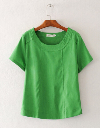短款棉麻纯色t恤文艺打底短袖宽松简约女装夏季新款亚麻棉女上衣 绿色