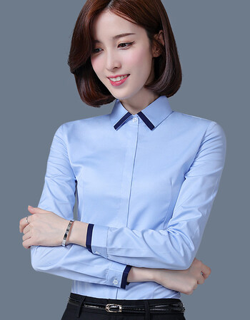 女长袖新款正装寸衫工装工作服打底白衬衣女职业 撞色蓝色衬衫8629