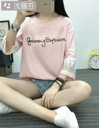 韩版宽松短袖t恤初中学生中袖上衣服12大童15岁闺蜜夏装 蕾丝袖粉色 l