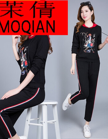 大码印花休闲跑步运动套装曼德兹米诺宣慕森纳久喜猫原程云里雾 黑色