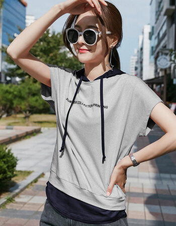 连帽短袖t恤女宽松韩版学生百搭带帽半袖上衣戴帽子的夏装帽衫潮 灰加