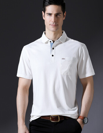 2018新款男士短袖翻领t恤中老年爸爸装半袖前口袋纯棉有领polo衫 米