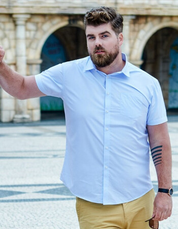 新品上市18 男士欧美胖子加大商务休闲短袖衬衫 浅蓝 xxxl