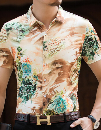 夏季男士短袖花衬衫男中年大码休闲上衣真丝桑蚕丝印花衬衣潮青年 浅