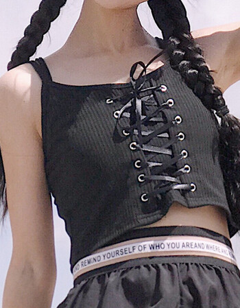 衣服漏肚脐跳舞上衣 吊带绑带t恤短款露脐女春夏紧身性感背心 黑色