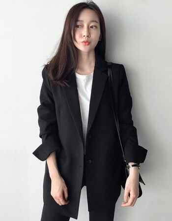 小西装女外套中长款2018春秋装新款韩版西服长袖时尚休闲简约 经典黑