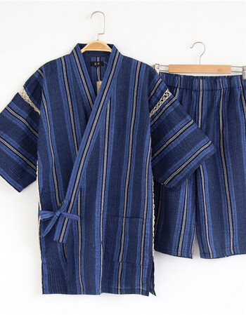 日本原单纯棉男士甚平浴衣和服日式睡衣家居服短袖睡衣套装 n蓝色双白