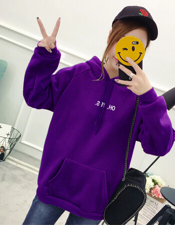 印花加绒连帽衫上衣百搭bf风套头卫衣外套女学生 深紫色(加绒加厚款)
