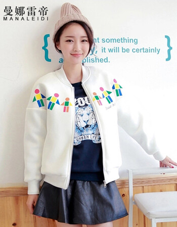 曼娜雷帝 2015秋冬新款棒球服女秋冬开衫新款卫衣上衣情侣女装大码太空棉薄外套潮 白色 L