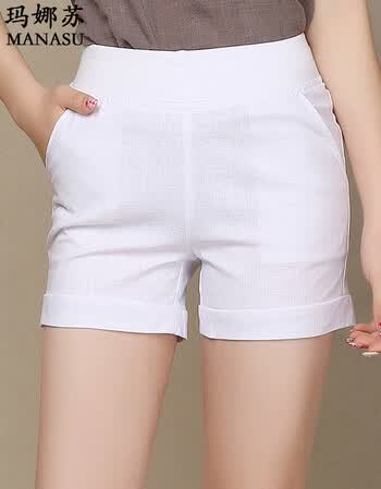 玛娜苏夏季短裤女棉麻透气松紧腰热裤8519-1 白色 s