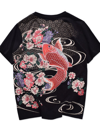 日式浮世绘拔染樱花刺绣凤凰短袖t恤 鲤鱼男女情侣装tee 宽松t恤 黑色