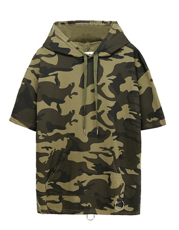 迷彩夏季青少年宽松嘻哈女学生版短袖t恤情侣卫衣男连帽 7015迷彩绿 m