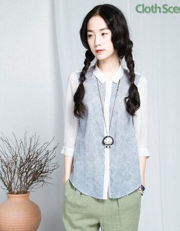 布景棉麻女装 夏款小方领印花衬衫 女夏季天然棉麻九分袖衬衫 浅蓝 m