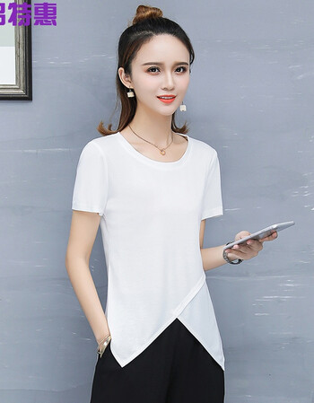 短袖圆领雪纺t恤上衣服女2018新款韩版修身显瘦开叉半袖体恤衫潮夏装