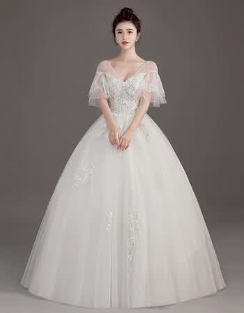 仙柒 轻婚纱2018新款女白色v领礼服新娘结婚森系超仙大码简约齐地 c